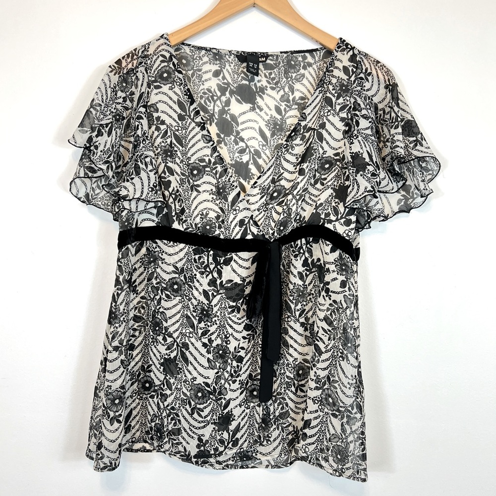 H&M Floral Sheer V-Neck Short Sleeve Blouse